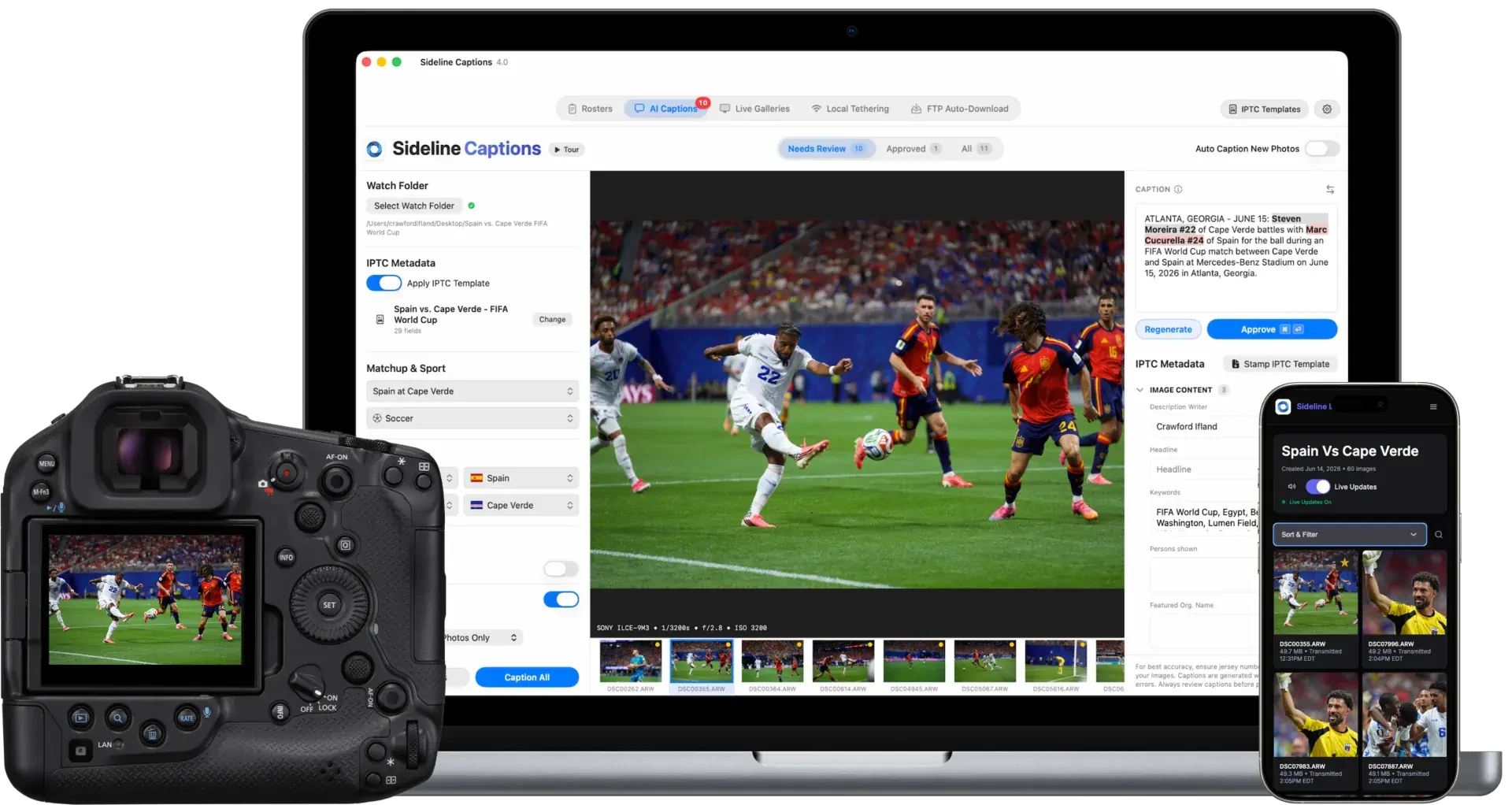Sideline Captions on camera, laptop, and phone — AI detects jersey numbers and writes IPTC captions