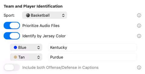 Team and player identification settings