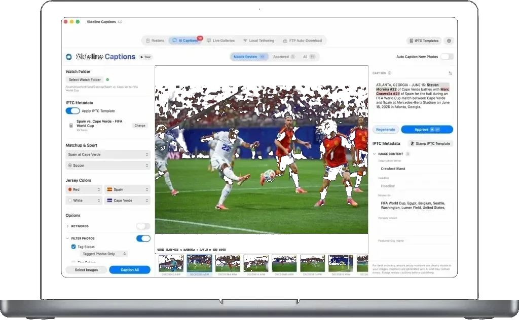 Sideline Captions on MacBook — AI sports captioning with roster-aware player identification