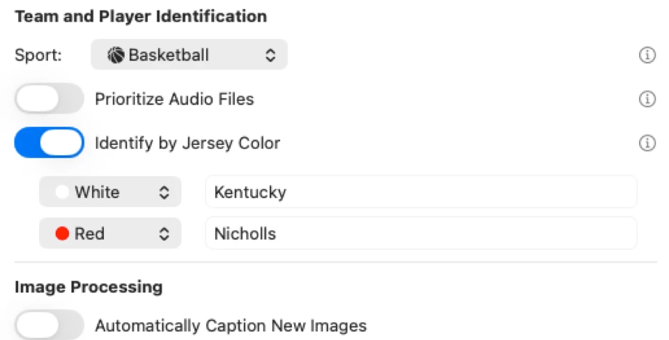 Team and player identification settings